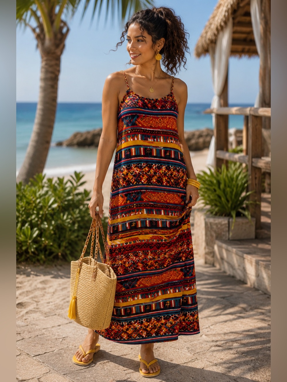 Prelude Colorful Abstract Tribal Maxi Dress with Gold Chain Straps
